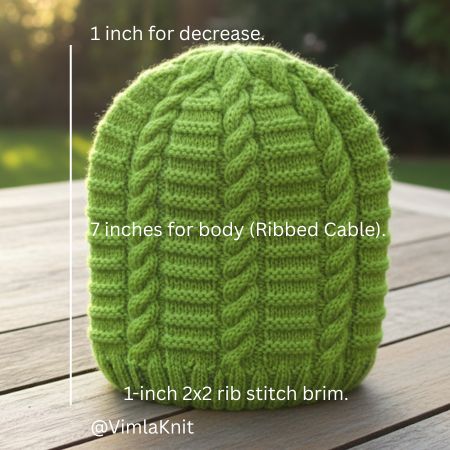 Green ribbed cable knit beanie with measurements labeled: 1-inch 2x2 rib stitch brim, 7-inch ribbed cable body, and 1-inch decrease at crown.