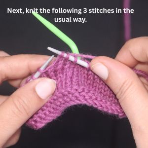 Step-by-step cable knitting tutorial showing how to knit the next 3 stitches in C6B cable stitch after holding 3 stitches on a cable needle.