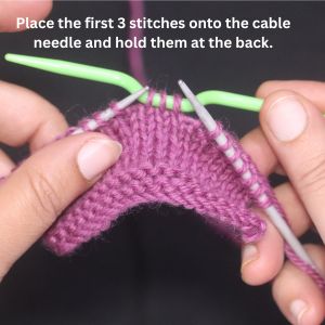 Close-up tutorial showing how to knit C6B cable stitch by placing first 3 stitches on a cable needle and holding them at the back.