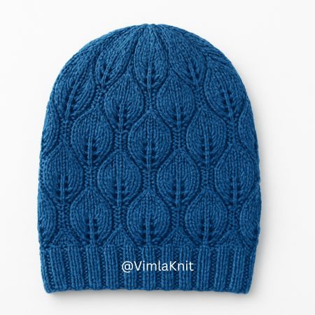 Blue leaf lace knit beanie hat — handmade textured winter hat pattern for knitters by VimlaKnit