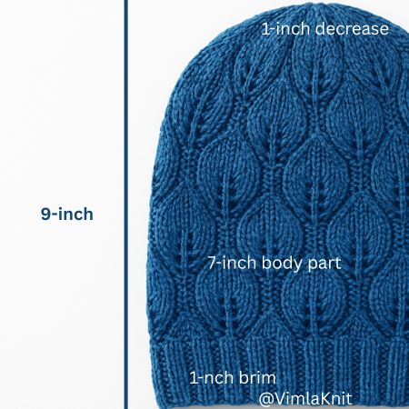 Blue leaf lace knit hat with measurement labels — 9-inch beanie height, 1-inch brim, 7-inch body, 1-inch decrease section.