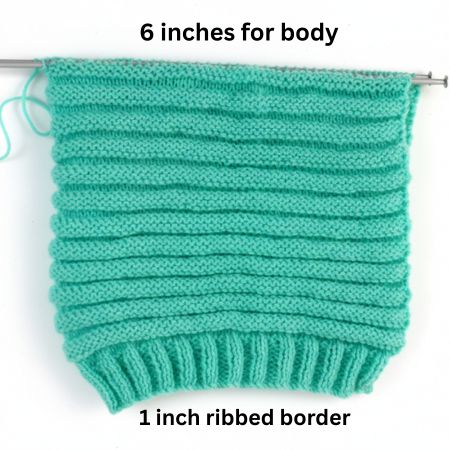 Kids beanie knitting pattern measurement showing 1 inch ribbed border and 6 inch body knitted using knit and purl stitches.