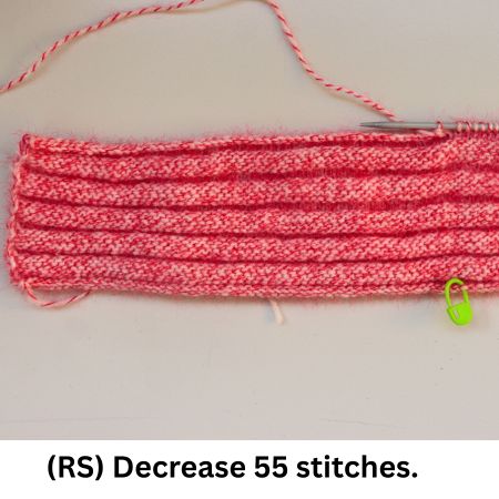 Beanie brim decrease shown on right side, reducing 55 stitches for brim shaping