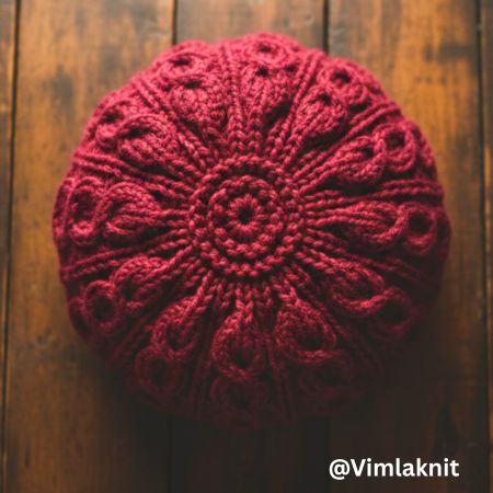 Top view of maroon twisted cable knit beanie with circular crown pattern, handmade winter hat design by Vimla Knit.