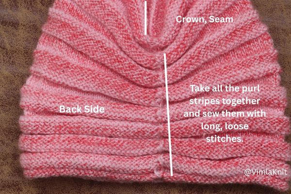 Beanie Back Side Gather and secure the purl stripes with loose stitches
