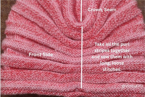 Beanie Front Side Gather and secure the purl stripes with loose stitches