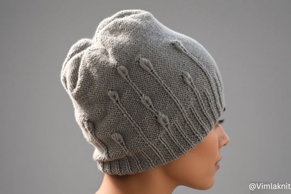 Side profile of woman wearing grey knit beanie with ribbed brim, rib stems and raised leaf stitch design, leaf beanie knitting pattern.
